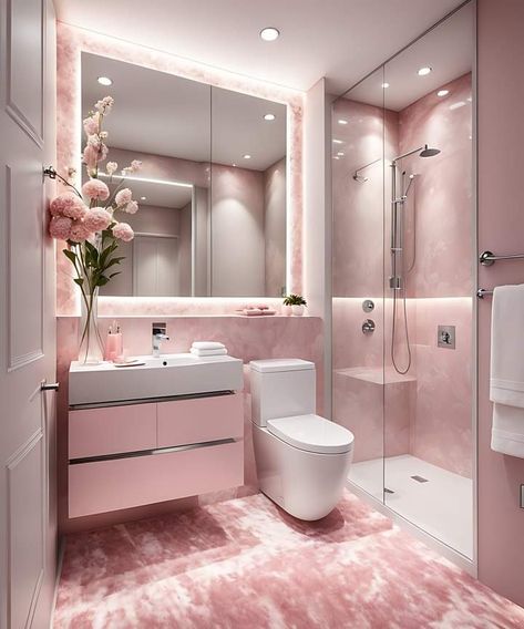 Bedroom Ideas With Bathroom, Pink House Aesthetic Interior, Pink Washroom, Pink Bathroom Ideas Decor, Soft Pink Bathroom, First House Aesthetic, Bedroom Bathroom Ideas, Baños Aesthetic, Small Bathroom Ideas Pink