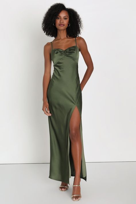 Olive Green Satin Dress - Maxi Slip Dress - Ruched Maxi Dress - Lulus Olive Green Satin Dress, Olive Green Bridesmaid Dresses, Blue Lace Maxi Dress, Green Satin Dress, White Lace Maxi, Ruched Maxi Dress, Olive Green Dresses, Green Bridesmaid Dresses, Bridal Party Dresses