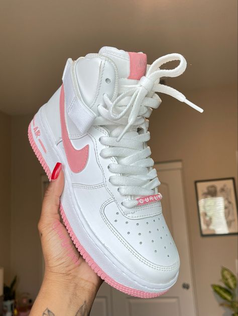 Nike Shoes Women Air Force Pink, Nike Air Force 1pink, Custom Air Force 1 High Tops, Baddie Shoes Sneakers, Nike Air Force Pink, Custom Air Force 1 Pink, Air Force Pink, Pink Af1, Nike Air Force High Tops