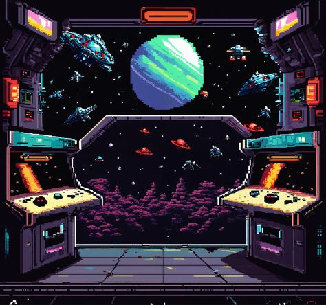 Embark on a Pixelated Space Adventure with Mysterious Alien Invaders  🎮👾 Dive into a pixelated arcade masterpiece where mysterious alien creatures invade an outer space station. Experience the thrill of retro gaming with this captivating work of art. #pixelart #spaceinvaders #retro #arcade #alieninvasion #gaming #scifi Scifi Pixel Art, Space Pixel Art, Alien Invader, Pixel Game, Retro Arcade Games, Retro Tech, Space Adventure, Pixel Games, Space Invaders