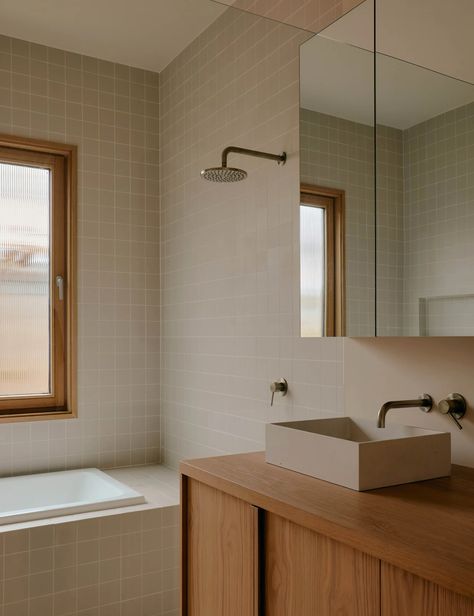 Roman Clay In Bathroom, On Suite Bathroom Ideas, Bath And Shower Combo Ideas, Modern Earthy Bathroom, Square Bathroom Tile, Warm Neutral Bathroom, Modernist Bathroom, Bathroom Floorplan, Taupe Bathroom