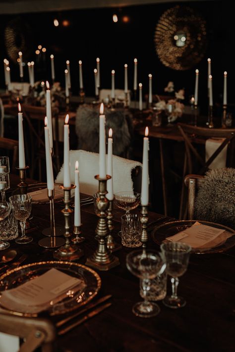 Candle Light Wedding Table, Gold Candle Stick Wedding Centerpieces, Table Full Of Candles, Wedding Gold Candlesticks, How Many Candles On A Table Wedding, Just Candles Wedding Table, Candle Lit Wedding Tables, Wedding Tablescapes Candles, Black Tablescape Wedding