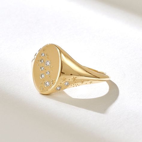 Signet Rings Women Vintage Diamond, Unique Signet Ring, Moon Constellation, Celestial Inspiration, Pinky Rings For Women, Constellation Design, Pinky Signet Ring, Signet Rings Women, Constellation Ring