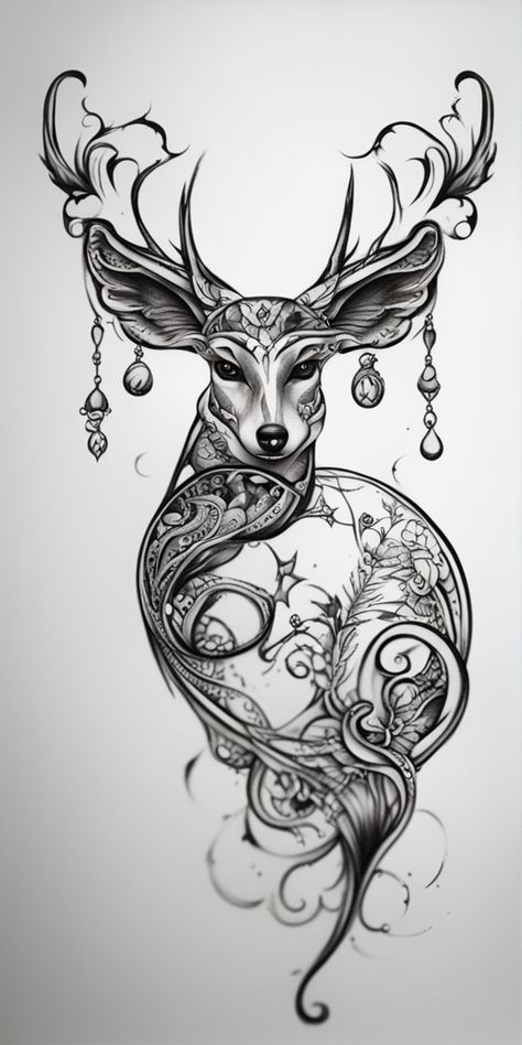 Deer Spirit Animal Tattoo, Deer Heart Tattoo, Mythical Creature Tattoo, Deer Tattoos For Women, Feminine Tattoos For Women, Small Feminine Tattoos, Stars And Flowers, Small Tattoo Ideas For Women, Tattoos Beautiful