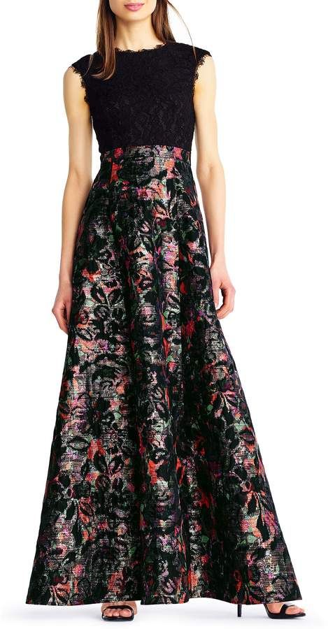 Aidan Aidan Mattox Lace Bodice And Jacquard Skirt Gown Green Wedding Guest Dresses, Floral Evening Gown, How To Dress For A Wedding, Aidan Mattox Dress, Sequin Evening Gowns, Spring Wedding Dress, Jacquard Skirt, Fall Wedding Guest Dress, Aidan Mattox