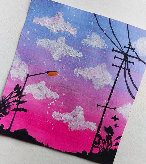 Easy and aesthetic painting to try Pink Sky Aesthetic Painting, Pink And Blue Sky Painting, Sky Scenery Painting, Dreamy Scenery, Space Flowers, Blue Paintings, Sky Scenery, Comfort Space, Sky Art Painting