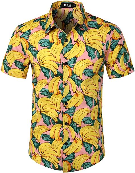 JOGAL Men's Cotton Button Down Short Sleeve Hawaiian Shirt at Amazon Men’s Clothing store Fruta Banana, Hawaiian Beach, Button Down Short Sleeve, Beach Casual, Linen Short, Mens Short Sleeve Shirt, Beach Shirt, Cardigan Fashion, Hawaii Shirt