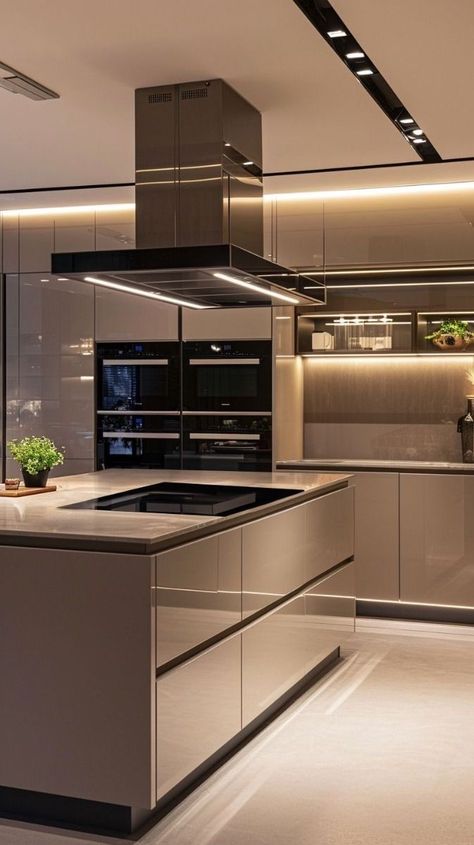 Modern Led Kitchen, House Interior Kitchen Modern, Kitchen Cream And Wood, Light Modern Kitchen, Modern Kitchen Room, Luxury Modern Kitchen, Kitchen Cabinetry Design, Classy Kitchen, Sensor Lights