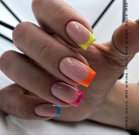 Bright Colorful French Tip Nails, Bright Colored Tips Nails, Neon Nail French Tip, Short Square Neon Nails, French Tip Nail Designs, Sassy Nails, French Tip Acrylic Nails, French Nail Designs, Makijaż Smokey Eye