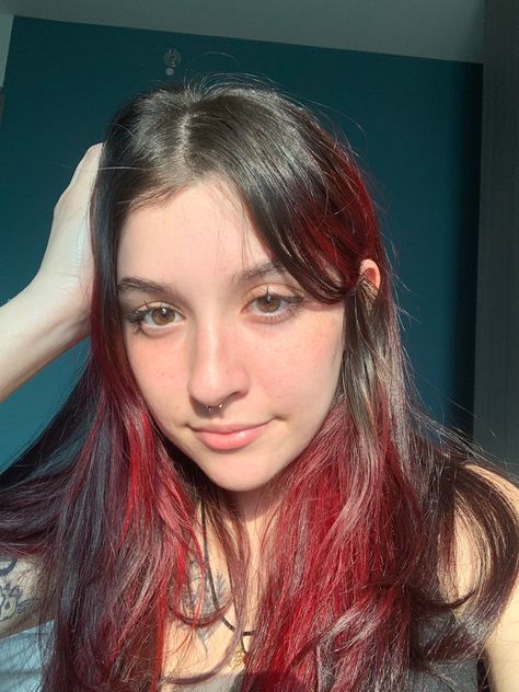 alt aesthetic red hair dyed streak hairstyle cute tiktok Bottom Layer Dyed Hair, Peak A Boo Red Hair, Dark Red Underdye Hair, Red Underlayer Hair, Dip Dye Hair Brunette, Red Hair Dyed, Red Hair Streaks, Aesthetic Red Hair, Egirl Hair