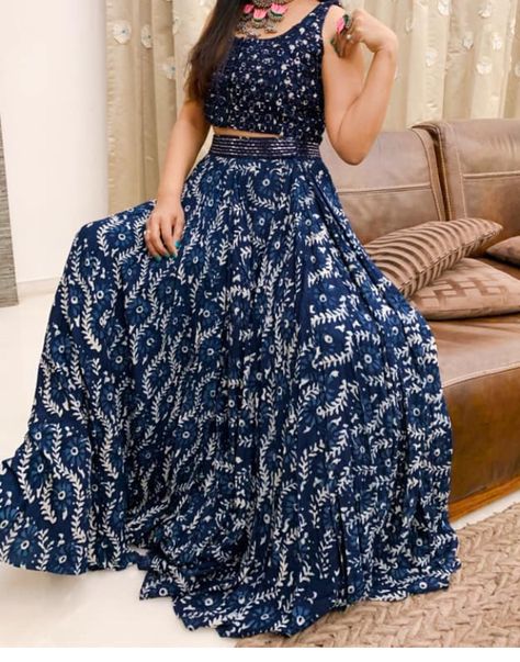 #dresses #skirts #croptops #lehnga #collection #trendy Indigo Skirt And Top, Stylish Gowns, Stylish Gown, Printed Lehenga, Half Sarees, Skirt And Top, Casual Day Outfits, Indian Designer, Indian Designer Wear