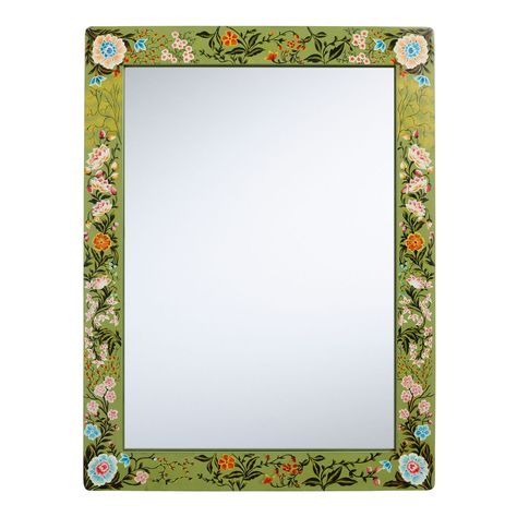 Green Hand Painted Floral Wall Mirror - World Market Mirror Painted Frame, Hippy Mirror, Flowers On Mirror, Mirror Frame Painting Ideas, Diy Floral Mirror, Hand Painted Floral Wall, Painted Floral Wall, Floral Mirror Frame, Apartment Refresh