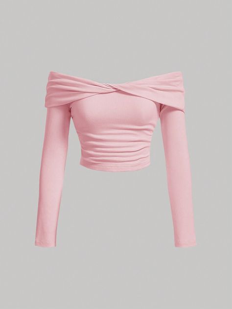 Pink Casual Collar Long Sleeve Knitted Fabric Plain  Embellished Medium Stretch  Women Clothing Pink T-shirts, Cute Blouse Outfits, Aesthetic Tops Vintage, Pink Off Shoulder Top, Pink Shirts, Fashion Top Outfits, Rose Bonbon, Easy Trendy Outfits, Cute Shirt