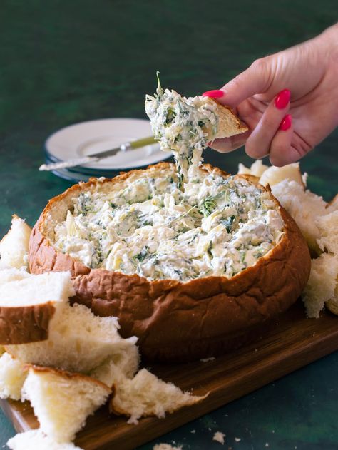 Spinach & Artichoke Dip in a Bread Bowl (Serve Cold) - Fueling a Southern Soul Spinach Artichoke Dip Half Baked Harvest, Bread Bowl Spinach Artichoke Dip, Bread Bowl Dips, Bread Bowl Dip, Artichoke Bread, Recipe For Spinach, Cold Dip Recipes, A Southern Soul, Thanksgiving Appetizer