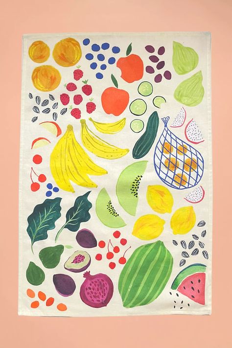 Supra Endura Farmer’s Market Organic Tea Towel | Anthropologie Anthropologie Kitchen, Vegetable Prints, Printed Tea Towel, Colorful Fruit, Organic Teas, Fruit Print, Kitchen Linens, Cotton Tea Towels, Cloth Napkins