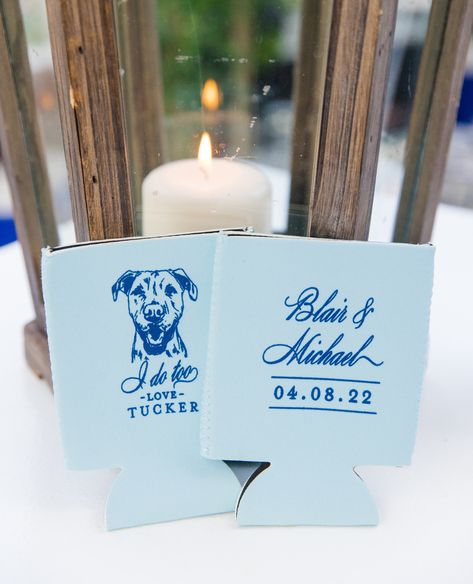 Koozie Wedding Ideas, Wedding Cozies Ideas, Dog Wedding Koozie Ideas, Dog Koozies Wedding, Wedding Dog Koozie, Wedding Koozie Ideas, Wedding Koozie Designs, Wedding Favors Koozies Display, Wedding Koozies With Dog