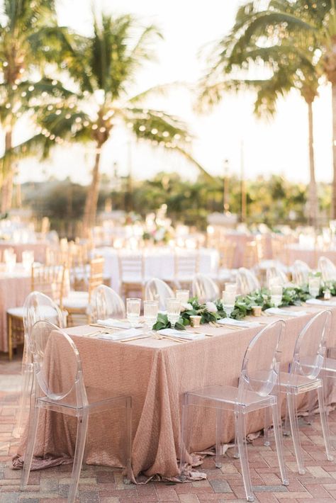 Modern Elegant Blush & Gold Florida Wedding via TheELD.com Gold Chivari Chairs, Feasting Table, Clear Chairs, Reception Chairs, Ghost Chairs, Acrylic Signage, Ethereal Wedding, Wedding Site, Blush And Gold