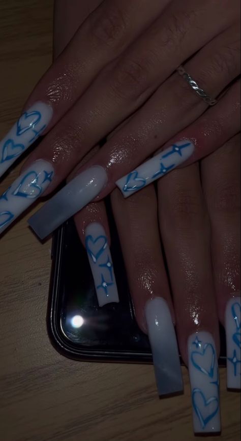 Blue Nails Valentines, Blue And White Valentines Nails, Blue Vday Nails, Valentines Nails Blue, Valentines Day Nails White, Icy Blue French Tip Nails, Blue Valentines Day Nails, Valentines Day Nails Blue, Blue Valentines Nails