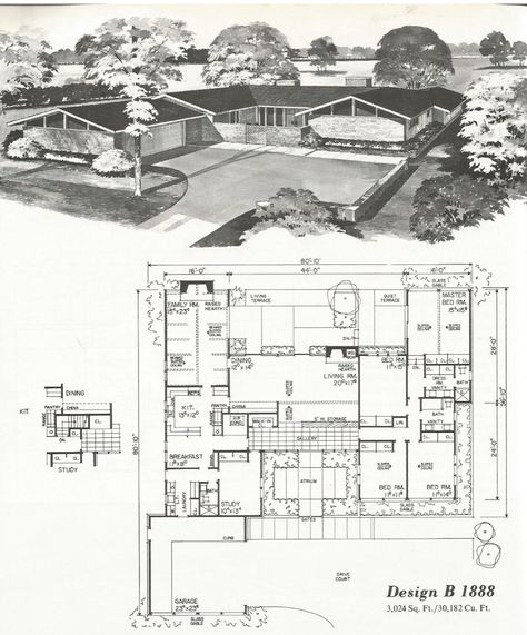 Art Deco Mansion, Ranch Style Floor Plans, Mid Century House Plans, Inspirational Architecture, Vintage Floor Plans, Mid Century Modern House Plans, Sims Inspiration, Mid Century Art Deco, Courtyard House Plans