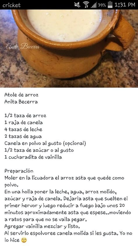 Atole de arroz Champurrado Recipe Mexico, Mexican Atole Recipe, Champurrado Recipe, Atole Recipe, Mexican Drink Recipes, Salvadorian Food, Mexican Sweets, Guatemalan Recipes, Mexican Treats