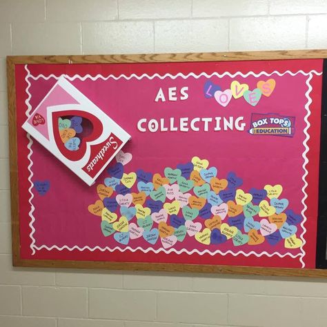 Box Tops for Education February Valentine's Conversation Hearts bulletin Board. Each heart represents 10 Box Tops our students have brought in. Conversation Hearts Bulletin Board, Hearts Bulletin Board, Candy Bulletin Boards, Diversity Display, Moody Library, Pta Bulletin Boards, February Bulletin Boards, Valentine Bulletin Boards, Valentine's Candy