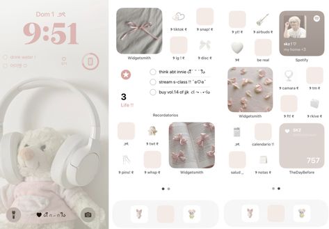 Light Pink Phone Aesthetic, Pastel Pink Phone Theme, Soft Pink Phone Theme, Pink And Beige Phone Layout, Kpop Phone Layout Pink, Phone Essentials, Ipad Lockscreen, Cute Home Screens, Iphone Home Screen Layout