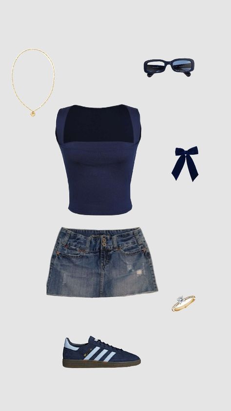 Navy Top Outfit Summer, Stocklom Outfit Summer, Cute Holiday Outfits Summer, Outfit Collage Summer, Clothes Aesthetic Collage, Navy Summer Outfit, Short Skirt And Top Outfits, Navy Top Outfit, Cute Going Out Outfits