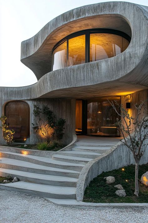 Organic architecture round concrete modern house. Discover how organic architecture harmoniously blends homes with nature while offering stunning designs and sustainable living. Unique Architecture House, Organic Architecture House, Concrete Modern House, Minimal Modern Decor, Circle House, Interesting Architecture, Organic Structure, Concrete Home, Architectural Prints