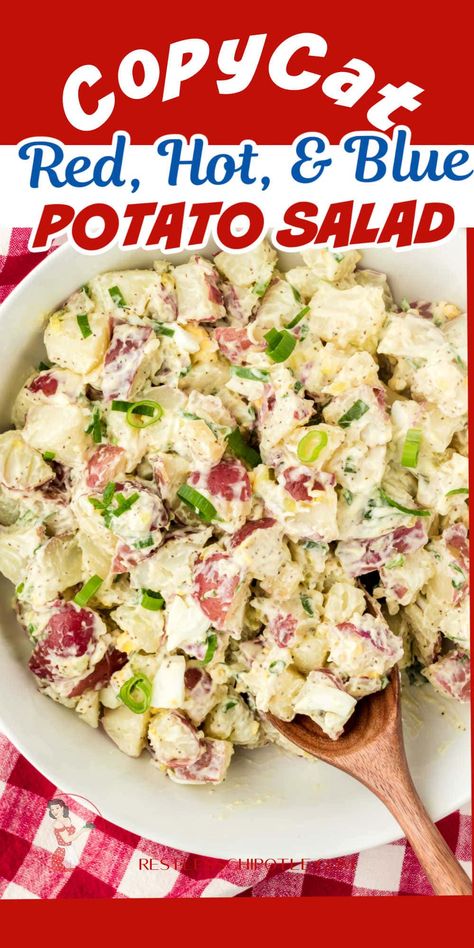 This easy copycat Red Hot and Blue potato salad goes together in less than 30 minutes and you can serve it warm or chilled. It's the perfect summer side dish for your grilled meats and spicy bbq! Red Hot Blue Potato Salad, Red Hot And Blue Potato Salad Recipes, Red White Blue Potato Salad, Red Hot And Blue Potato Salad, Red White And Blue Potato Salad, Summer Potato Recipes, Hot Potato Salad Recipe, Hot Potato Salad, Potatoe Salad