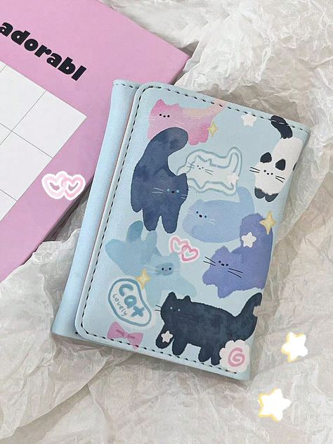 Blue Casual,Cute,Preppy Collar  PU Leather Animal,Cartoon Small Wallet Embellished   Wallets & Cardholders Kawaii Shorts, Cute Cat Design, Cat Wallet, Aesthetic Bags, Gifts For Girlfriend, Cute Wallets, Animal Print Fashion, Pu Leather Wallet, Short Wallet