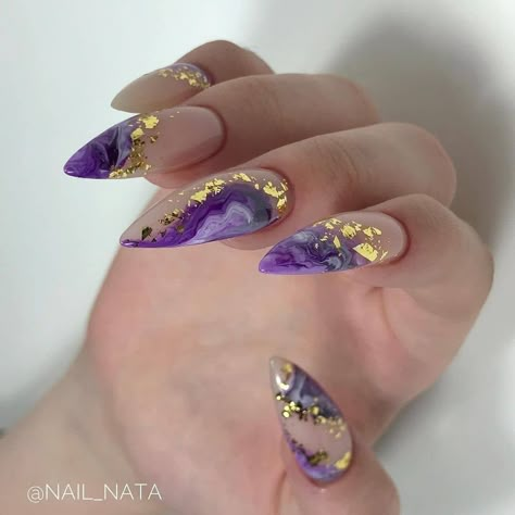 Purple Marble Nails With Gold Flakes, Purple And Gold Nails Designs, Almond Shape Fall Nails, Purple And Gold Nails, November Nails Designs, November Nail Art, Resin Nails, Fall Nail Art Ideas, Purple Acrylic Nails