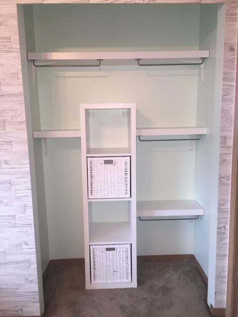 Bathroom Closet Shelving, Kallax Closet, Closet Hacks Diy, Ikea Closet Hack, Ikea Lack Shelves, Ikea Closet Organizer, Baby Room Closet, Closet Ikea, Closet Small Bedroom