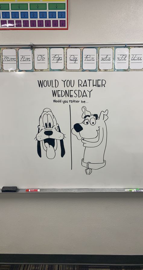 Wednesday Whiteboard Ideas, Would You Rather Wednesday Whiteboard, Office White Board Ideas Fun, Wednesday Morning Message, Whiteboard Warmups, Morning Questions, Whiteboard Design, Whiteboard Prompts, Whiteboard Questions