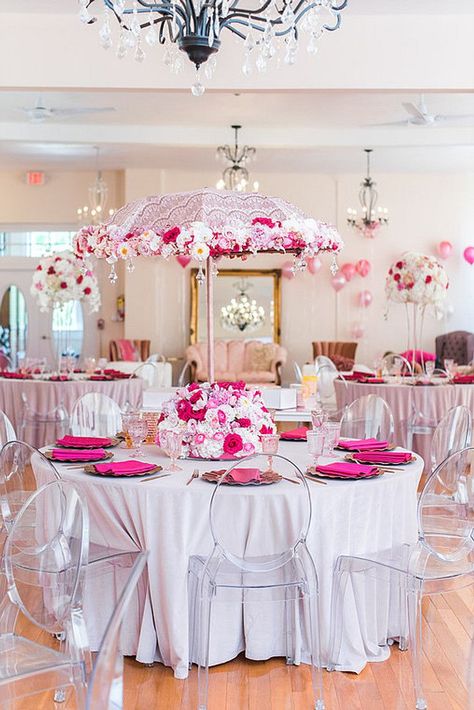 Umbrella Bridal Shower Theme, White Flower Backdrop, Pretty In Pink Baby Shower, Bridal Shower Umbrella, Umbrella Centerpiece, Umbrella Baby Shower, Baby Shower Cake Designs, Pink Decorations, Pink Baby Shower Cake