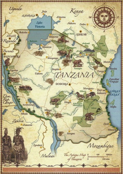 A Journey of Postcards: The map of Tanzania Map Of Tanzania, Tanzania Aesthetic, Tanzania Map, Safari Scrapbook, Safari Photography, Tanzania Travel, Durban South Africa, African Map, Tanzania Africa