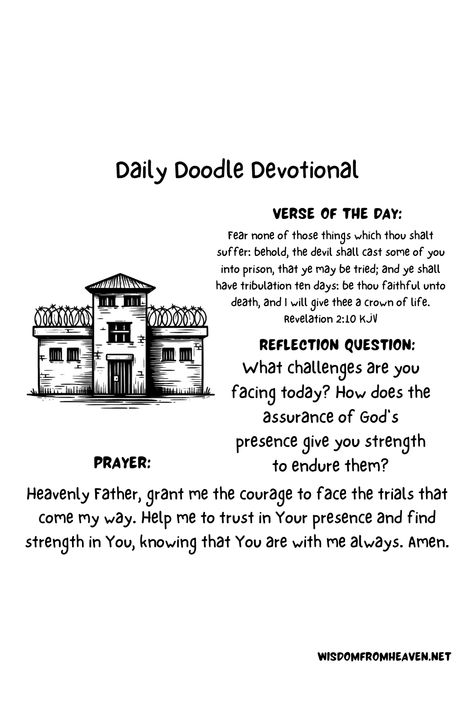 Daily Doodle Devotional - Revelation 2:10 - Read - Reflect - Pray Daily Bible Devotions, Devotions For Kids, Daily Doodle, Revelation 2, Prayers For Strength, Reflection Questions, Bible Motivation, Bible Devotions, Daily Bible