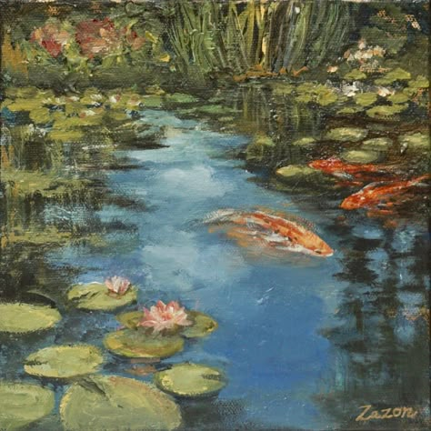 Nature Paintings Aesthetic, Love In Art Painting, Pond Painting Acrylic, Painting Inspiration Aesthetic, Old Art Aesthetic, Pond Paintings, Koi Pond Painting, Asthetic Paintings, Acrylic Painting Aesthetic