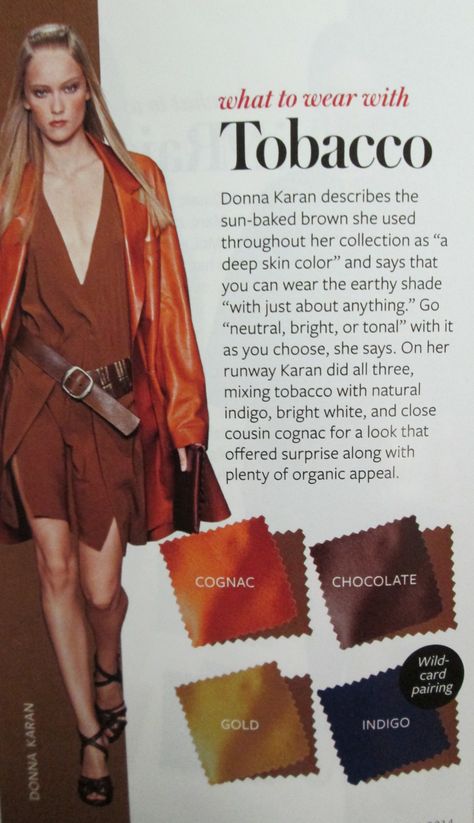 Instyle Color Crash Course - Tobacco Instyle Color Crash Course, February Colors, Deep Autumn Color Palette, Colour Combinations Fashion, Color Combinations For Clothes, Instyle Magazine, Fall Color Palette, Color Pairing, Crash Course