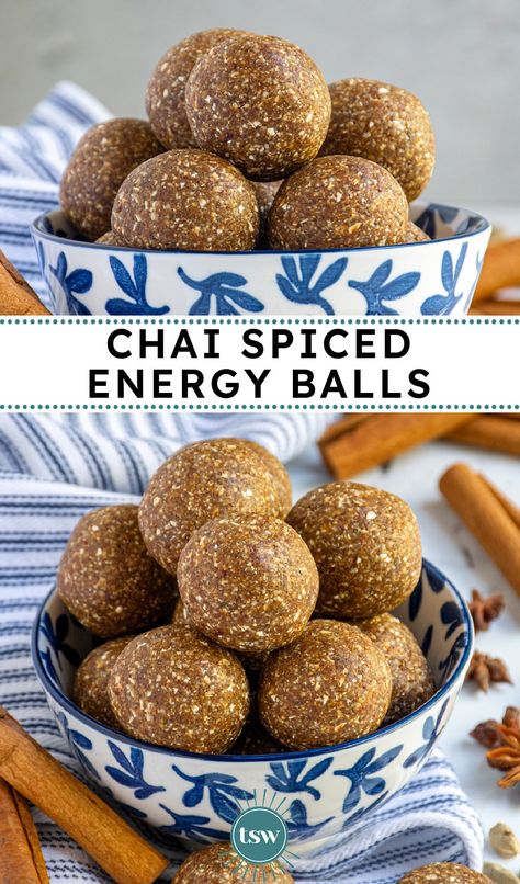 Easy Chai Spiced Energy Balls - The Schmidty Wife Chai Food Recipes, Energy Balls Maple Syrup, Applesauce Energy Balls, Chai Protein Balls, Chai Energy Balls, Savory Energy Balls, Fall Energy Balls, Power Bites Energy Balls, Date Energy Balls