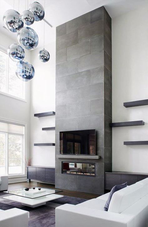 Top 60 Best Concrete Fireplace Designs - Minimalistic Interior Ideas Contemporary Fireplace Designs, Tall Fireplace, Contemporary Living Room Design, Concrete Fireplace, Contemporary Fireplace, Fireplace Remodel, Home Fireplace, Fireplace Makeover, Modern Fireplace