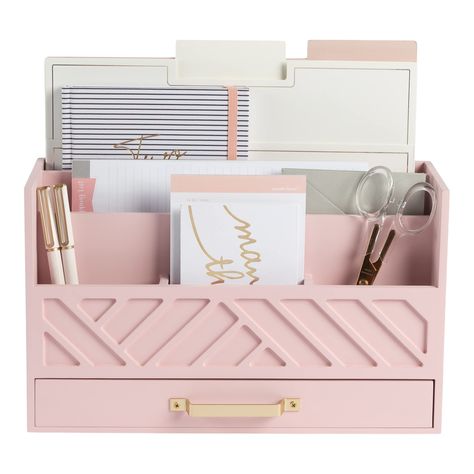 PRICES MAY VARY. Keep your workspace organized and clutter-free with this Pink wooden desk organizer. It features multiple compartments and a convenient drawer, providing ample storage for all your desk supplies and accessories. Designed to be both functional and stylish, this desk organizer is perfect for those who want to add a pop of color and a touch of elegance to their workspace. It is ideal for those who are looking for desk organizers and storage solutions or cute desk accessories to bri Light Pink Office Supplies, Pink And Gold Desk Accessories, Pink Desk Supplies, Desk Stuff Office Accessories, Pink Desk Organization, Blush Office Decor, Pink And Gold Desk, Cute Organizers, Pink Desk Decor