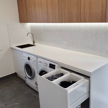 U Shaped Laundry Room Layout, U Shaped Laundry Room, Laundry Room Layout, Contemporary Laundry, Contemporary Laundry Room, Laundry Room Designs, Laundry Room/mudroom, Laundry Mudroom, Mid Century Contemporary