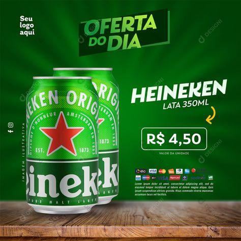 Oferta do Dia Supermercado Cerveja Heineken Lata PSD Editável [download] - Designi Computer Wallpaper Hd, Mountain Dew, Social Media Post, Beverage Can, Liquor, Beer, Social Media, Canning