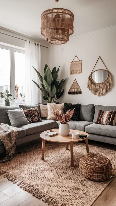 Boho Modern Living Room Apartment, Cozy Apartment On A Budget, Boho With Dark Wood, Boho Chic House Interiors, Earthy Home Decor Boho Style Living Room, Boho Rustic Home Decor, Boho Modern Apartment, Boho House Decor Living Rooms, Boho Theme Living Room