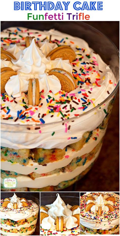 Funfetti Trifle, Sprinkles Desserts, Birthday Cake Funfetti, Cake Funfetti, Trifle Bowl Recipes, Trifle Cake, Trifle Dessert Recipes, Dessert Oreo, British Desserts