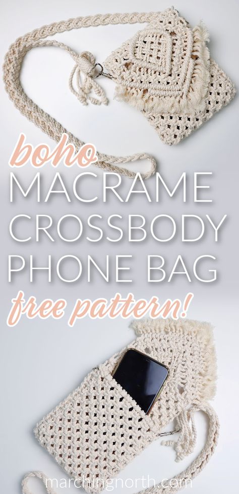 Learn how to make this simple macrame sling bag that's perfect to hold your phone and a few cards or cash when you're out and about! Includes free pattern and video tutorial | free macrame patterns | macrame bag tutorial | DIY phone bag | DIY sling bag | macrame purse | macrame crossbody bag Diy Crossbody Phone Case, Free Macrame Purse Patterns, Macrame Purse Pattern Free, Macrame Crossbody Bag Tutorial, Macrame Dress Diy Free Pattern, Macrame Handbag Tutorial Patterns, Macrame Bag Diy Tutorials Free Pattern, Macrame Coin Purse, Macrame Bag Pattern Free