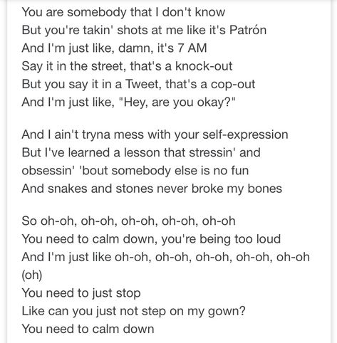 👏🏻You need to calm down. You’re being too loud👏🏻 You Need To Calm Down Lyrics, Calm Down Lyrics, Too Loud, Are You Okay, Calm Down, Eras Tour, Taylor Swift, Swift, Quotes