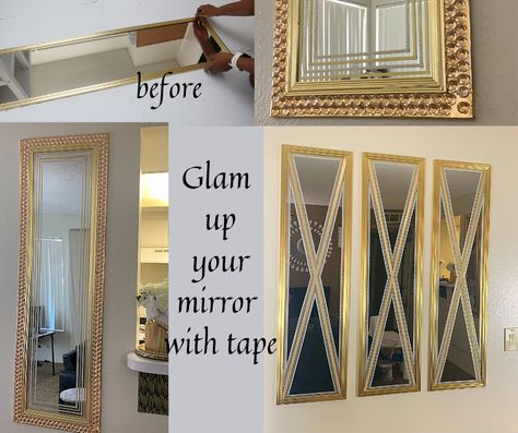 I modified this simple door mirror using craft tape to make glam wall decor pieces. Simple and easy DIY. Glam Wall Decor, Mirror Upgrade, Simple Door, Stick On Mirror, Mirror Border, Entry Mirror, Mirrored Wall, Tape Crafts, Diy Mirror