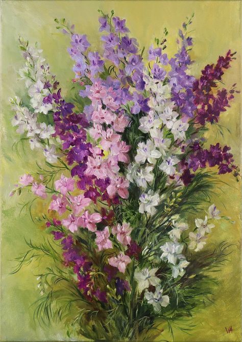 Delphinium Painting, Vase Of Flowers Painting, Flowers In Vase Painting, Wildflowers Painting, Lilac Painting, Sunflower Artwork, Painting Impressionism, Delphinium Flowers, Vase Painting