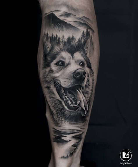 Realistic tattoo portrait composition of an Alaskan Malamute dog..  info@luigimansi.it  instagram: @luigimansitattoo  #Ink #Tattoo #Tatuaggio #Art #artist #design #drawing #B&W #photography #surrealistic #photoshop #surrealism #dog #alaskanmalamute #aski Alaskan Malamute Tattoo, Malamute Tattoo, Alaskan Tattoos, Photoshop Surrealism, Portrait Composition, Pink Shamrock, Wilderness Tattoo, Husky Tattoo, Golden Retriever Tattoo